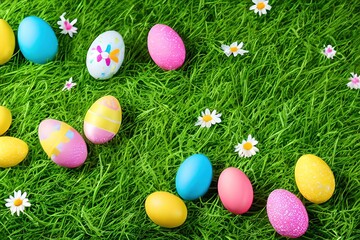 466890377-Happy Easter - Nest with easter eggs in grass on a sunny spring day - Easter decoration background ### frame, border, 