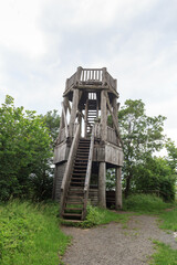 Wooden observation tower on hill Heiligenstein in Eifel mountains near Gerolstein, Germany