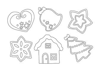 The outline of gingerbread in the shape of a heart, a bell, stars, a house, a Christmas tree. Vector illustration on a white background