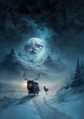 Naklejka premium Santa claus with gift reindeer in winter.illustration for greeting card or book cover.generate by ai