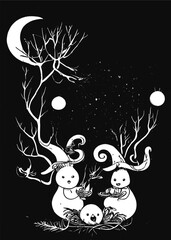 Bird Snowman Family in Witch's Hats Vectors