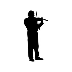 Vector black silhouette of man playing violin, musician vector illustration.