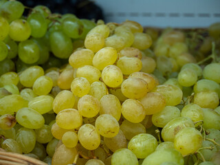 grapes on a shelf in the market