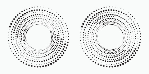 Halftone logo set. Circular dotted logo isolated on the white background. Garment fabric design set. Halftone circle dots texture, pattern, background. Vector design element. Vector illustrations.