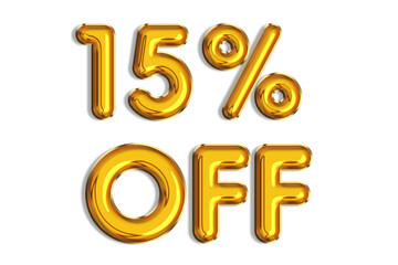 15% off discount promotion sale made of realistic 3d gold helium balloons. Illustration of golden percent symbol for selling poster, banner, ads, shopping concept. Numbers isolated on white background
