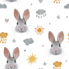 Cute seamless pattern with watercolor rabbit or bunny. Easter bunnies, sun, clouds, stars and dots.