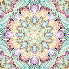 Geometrical mandala in watercolor colors, beautiful meditation pattern, green, purple, light brown, self-center, meditation yoga art, peace, calm, illustration, digital, 