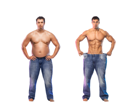 Before and After Weight Loss fitness Transformation. The man was fat but became athlete. Fat to fit concept. - Powered by Adobe