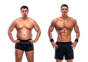 Before and After Weight Loss fitness Transformation. The man was fat but became athlete. Fat to fit concept. - 552816143