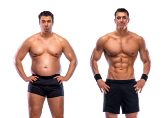 Before and After Weight Loss fitness Transformation. The man was fat but became athlete. Fat to fit concept.