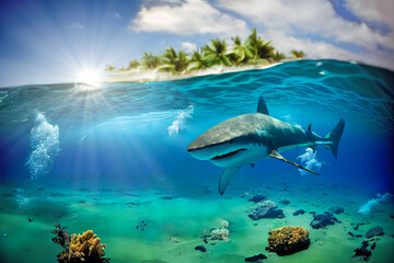 Fototapeta na wymiar shark with big jaw and sharp teeth attacks underwater in ocean, generative AI illustration