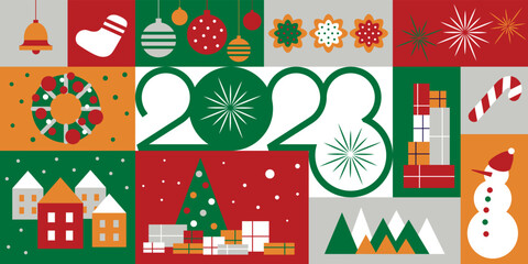 Merry Christmas and Happy New Year 2023. Colorful vector illustration in flat geometric cartoon style. Cover poster template of greeting cards, posters, prints, party invitations, backgrounds.