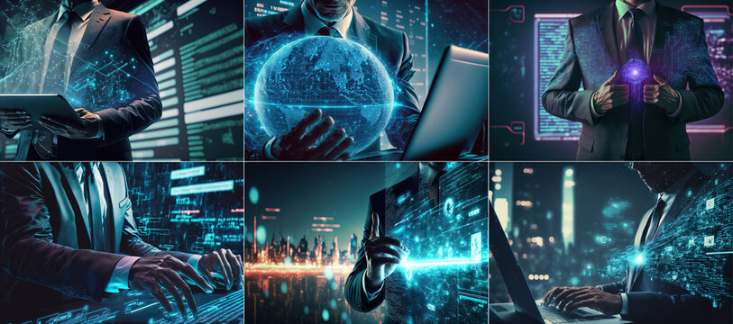 Business man using computer hand close up futuristic cyber space. AI