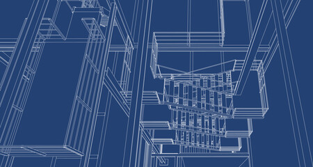 Best industrial interior with stairway. Best architectural background. Vector blueprint.
