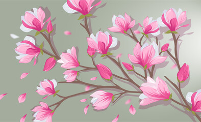 Magnolia branch with pink flower and leaves illustration composition with flowers.  Delicate pink flowers on a branch, the effect of flying petals.