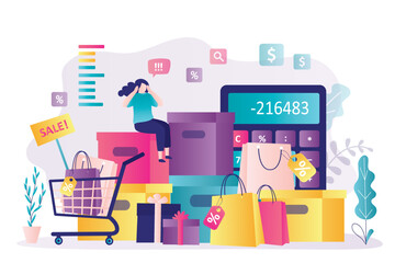 Lots of purchases, shopaholism, shopping addiction. Calculator shows negative financial balance, no money. Unhappy shopaholic, woman bankrupt sitting on shopping boxes. Sales, discounts.