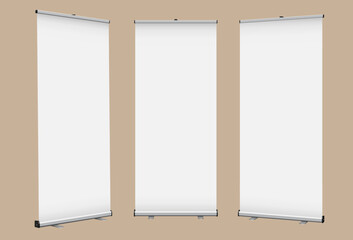 Roll Up banner vector mock-up with blank display. Design template pop up banner for promotional presentation, exhibition or corporate identity.