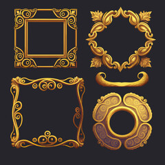 Game ui frames, gold medieval menu elements avatar UI fantasy gold border, medieval ancient facecam menu. A beautiful fantastic children's play template isolated on background. Vector illustration © Zaleman