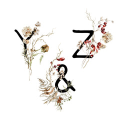 Watercolor hand painted latin alphabet. Winter floral letters, numbers with floral leaves, red berries, wildflowers, snowy fern for new year decor, greeting cards, logo.
