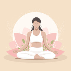 Yoga meditation of a cute girl in a lotus position against the background of a lotus flower and the rising sun