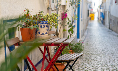 narrow cozy street of Nazare old town. Portugal