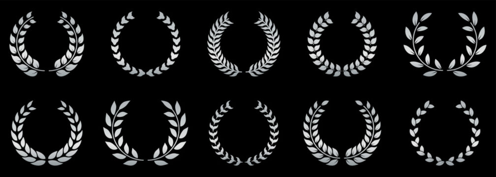 Silver Laurel Wreath Silhouette Icon Set. Chaplet Award Best Champion Symbol. Victory Vintage Emblem. Round Olive Leaves Branch. Success Circle Reward Pictogram. Isolated Vector Illustration