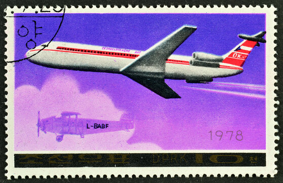  Cancelled postage stamp printed by North Korea, that shows Airplane Il-62 M, circa 1978.