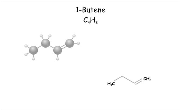 Stylized molecule model/structural formula of butene.
