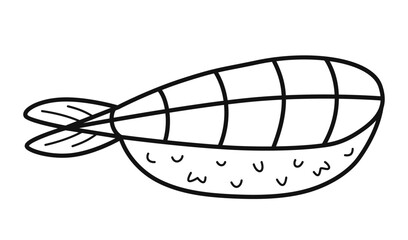 Ebi nigiri. Sushi with shrimp. Japanese food. Hand drawn traditional food element icon. Isolated vector illustration in doodle line style.