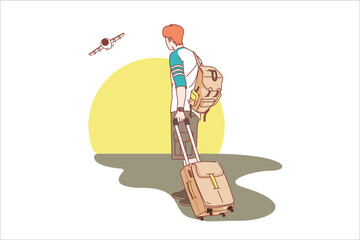 Hipster male air traveler with luggage going to airport, vector illustration in cartoon style