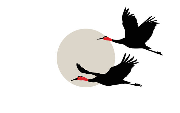 Two crane birds flying against the background of a large solar circle. Vector drawing.. The silhouette of a pose crane birds on a green background. Vector illustration