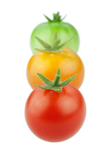 Cherry tomatoes in three different colors - red, yellow and green, PNG isolated on transparent background