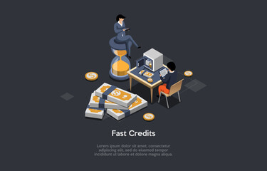 Obraz premium Concept Of Fast Credits And Quick Payment, Easy Money, Fast Cash Loan, Saving Account. Male Character Man Borrowing Money In A Bank Or Financial Organization. Isometric 3d Cartoon Vector Illustration