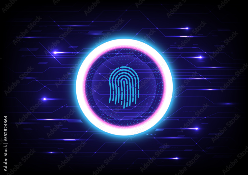 Poster hi-tech background glowing circle there is a security fingerprint scanner. in the center there is an