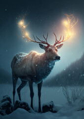 Reindeer standing on  snow and cold fog in christmas night.illustration for greeting card or book cover.generate by ai