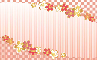 桜と格子柄にピン色の縦縞の背景