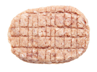Raw minced meat cutlet isolated on white background.
