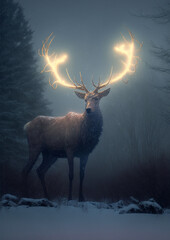 Reindeer standing on  snow and cold fog in christmas night.illustration for greeting card or book cover.generate by ai