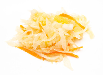 Cabbage salad with potatoes and onions isolated on white background.