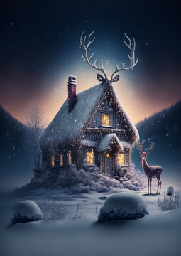 Reindeer standing on  snow and cold fog in christmas night.illustration for greeting card or book cover.generate by ai