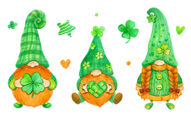 Funny Gnomes - watercolor set of illustrations. Leprechaun. St. Patrick's Day. Greeting card. Transparent background. PNG.