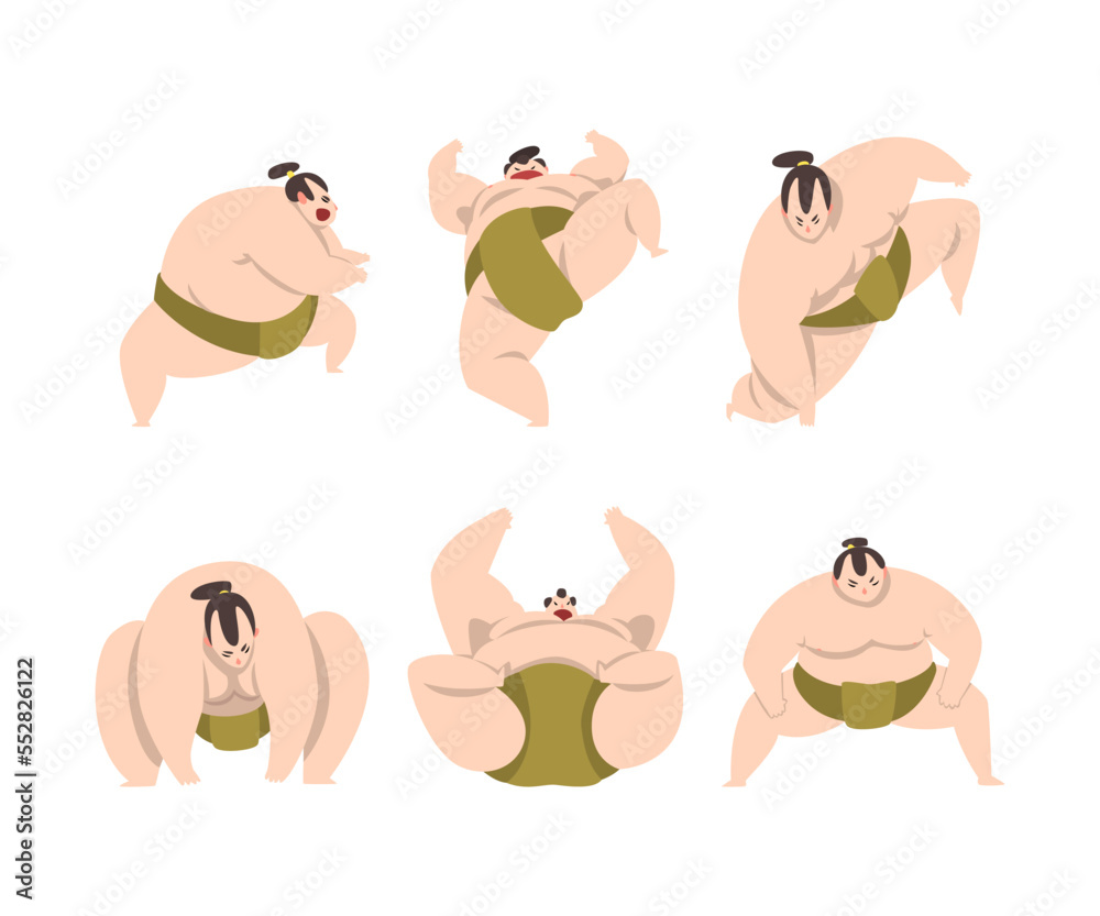 Wall mural Sumo Wrestler as Japanese Martial Arts Fighter in Different Poses Vector Set