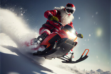 Santa Claus Using Snowmobile to Deliver Presents. Generative ai - 552826307