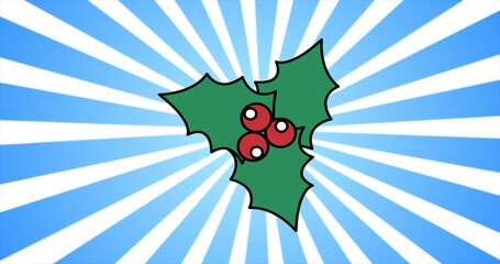 Festive green plant with leaves and red berries Holly for the holiday Christmas and New Year decoration on the background of blue rays. Abstract background