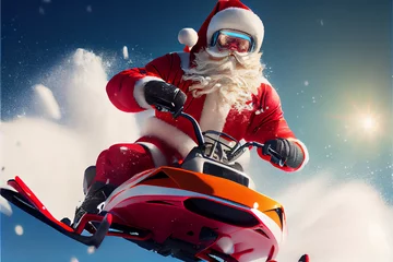 Fotobehang Santa Claus Using Snowmobile to Deliver Presents. Generative ai © Anna Hoychuk