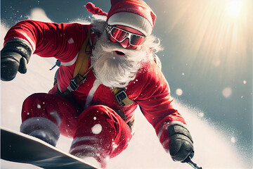 Santa Claus Snowboarding in Hurry to Deliver Presents. Generative ai