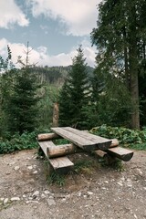 Empty wooden bench and table furniture for a panoramic view during picnic time. Concept of traveling with the whole family.