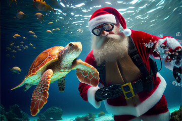 Santa Swimming Underwater with Exotic Sealife. Generative ai