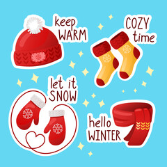 Stickers of four illustrations with cartoon style winter clothes and handwritten font