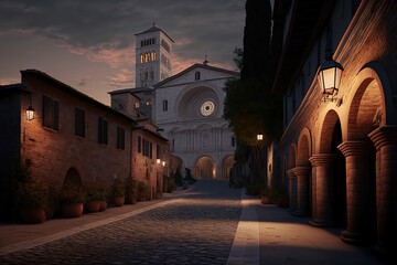 Generative AI : an evening at Assisi Town in Italy	 - obrazy, fototapety, plakaty